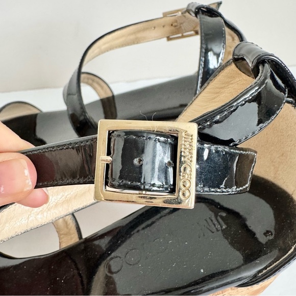 Jimmy Choo Portia 70 Black Patent Leather Wedge Sandals Size 36.5 - Picture 11 of 16